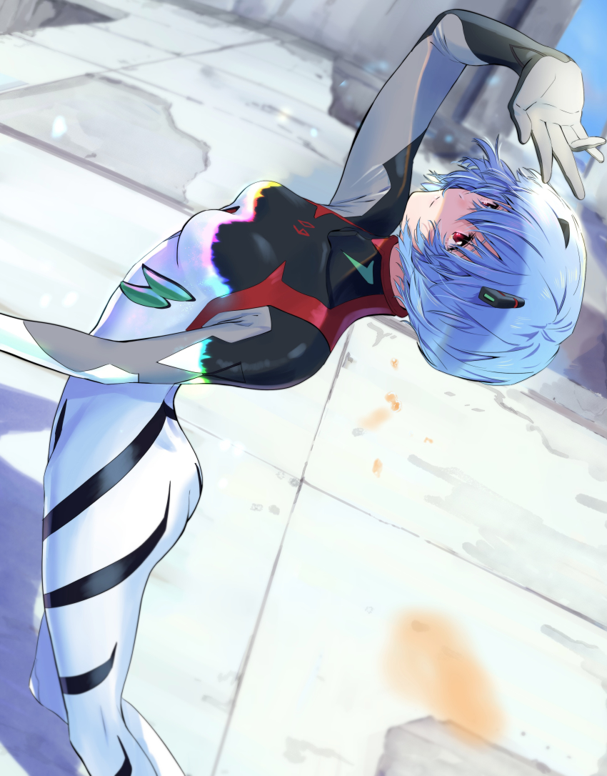 1girl, absurdres, arched_back, ass, ayanami_rei, blue_hair, bodysuit, breasts
