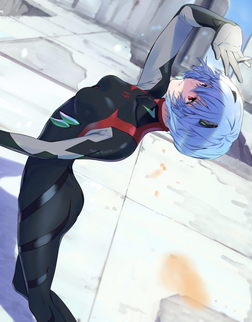 1girl, absurdres, arched_back, ass, ayanami_rei, black_bodysuit, blue_hair, bodysuit