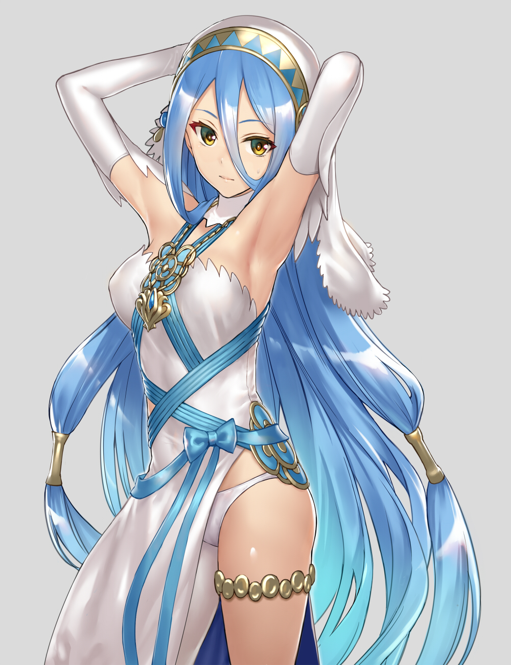1girl, armpits, azura_(fire_emblem), bare_shoulders, blue_hair, blush, breasts, dress