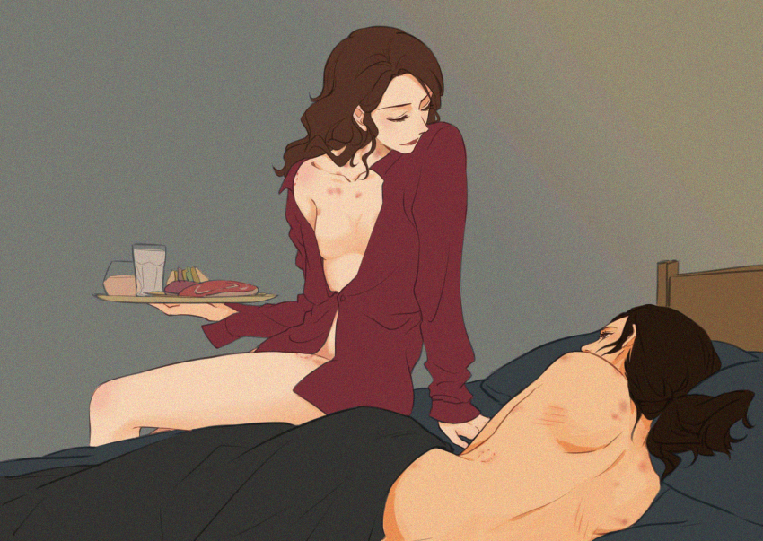 2girls, bare_back, bed, bite_mark, black_hair, blanket, breakfast, brown_hair