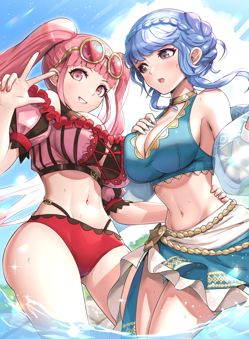 2girls, absurdres, bare_shoulders, bikini, black_bikini, blue_bikini, blue_hair, blue_nails, blunt_bangs, blush, braid, breasts, cleavage, cloud, commentary_request, cross-laced_bikini, cross-laced_clothes, crown_braid, eyewear_on_head, female_focus, fire_emblem, fire_emblem:_three_houses, fire_emblem_heroes, frilled_bikini, frills, gold_trim, gonzarez, grin, hand_on_another's_hip, hand_on_own_chest, hand_up, highres, hilda_valentine_goneril, hilda_valentine_goneril_(summer), large_breasts, long_hair, looking_at_another, looking_at_viewer, marianne_von_edmund, marianne_von_edmund_(summer), matching_hair/eyes, midriff, multiple_girls, nail_polish, navel, nintendo, off-shoulder_bikini, off_shoulder, official_alternate_costume, open_mouth, pink-tinted_eyewear, pink_bikini, pink_eyes, pink_hair, pink_nails, sarong, shawl, sidelocks, sky, smile, sunglasses, sunglasses_on_head, swimsuit, teeth, thighs, tinted_eyewear, twintails, w, wading, water