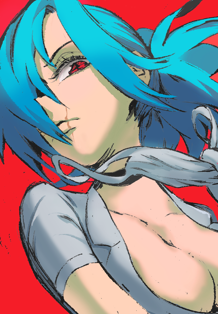 +_+, 1girl, 2018, blue_hair, breasts, cleavage, collarbone, hair_over_one_eye, looking_down, mask, mask_pull, unworn_mask, ponytail, red_background, red_eyes, scar_on_mouth, skullgirls, solo, upper_body, valentine_(skullgirls), zaonyan