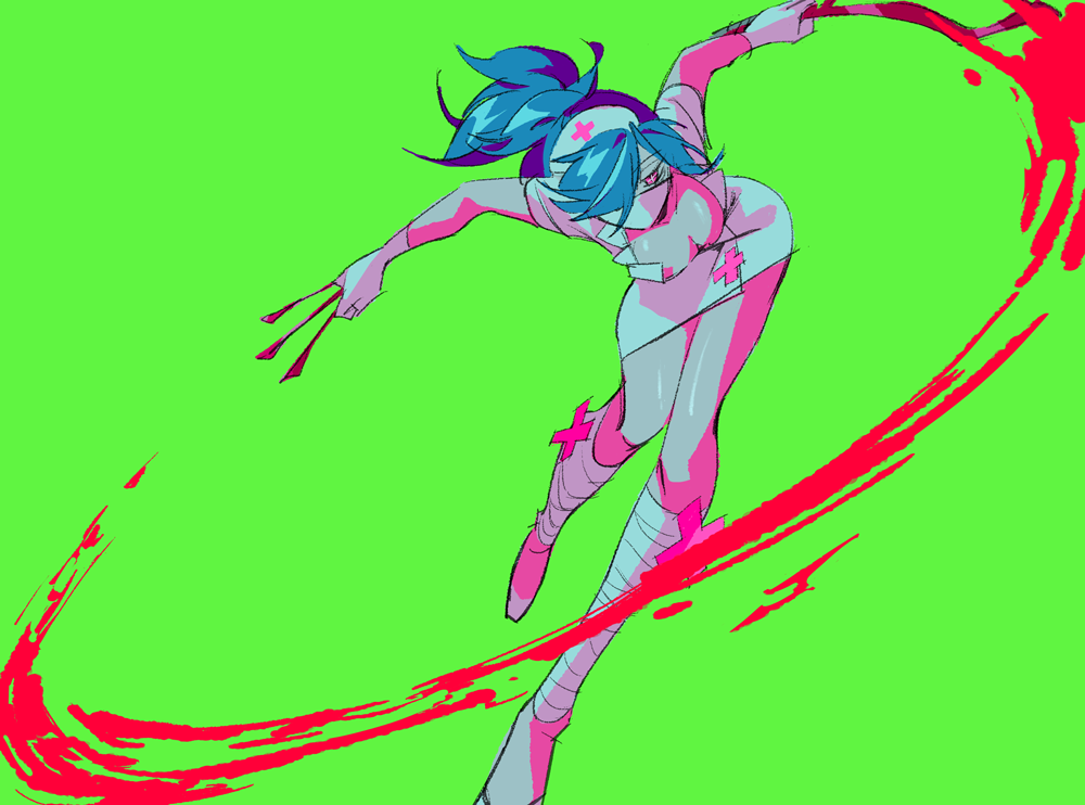 +_+, 1girl, 2018, bent_over, blood, blue_hair, breasts, cleavage