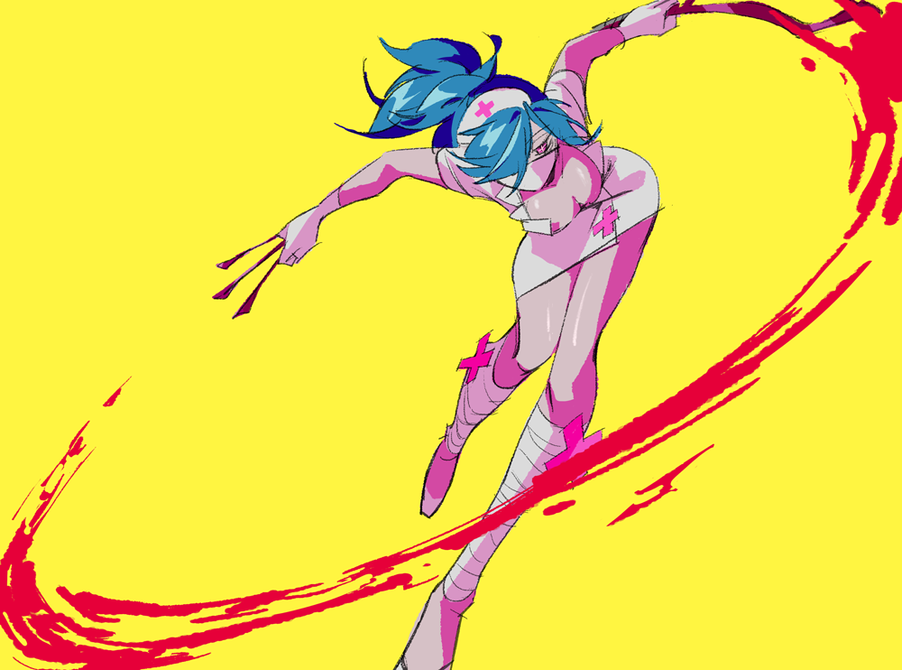 +_+, 1girl, 2018, bent_over, blood, blue_hair, breasts, cleavage