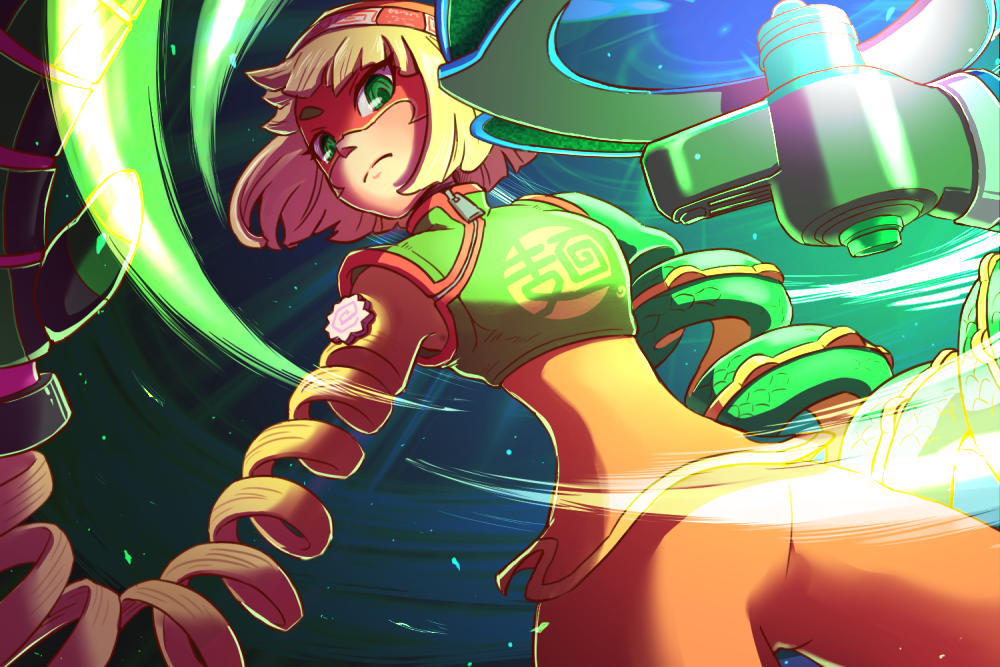 1girl, 2018, arms_(game), beanie, blonde_hair, blue_background, blunt_bangs, cowboy_shot