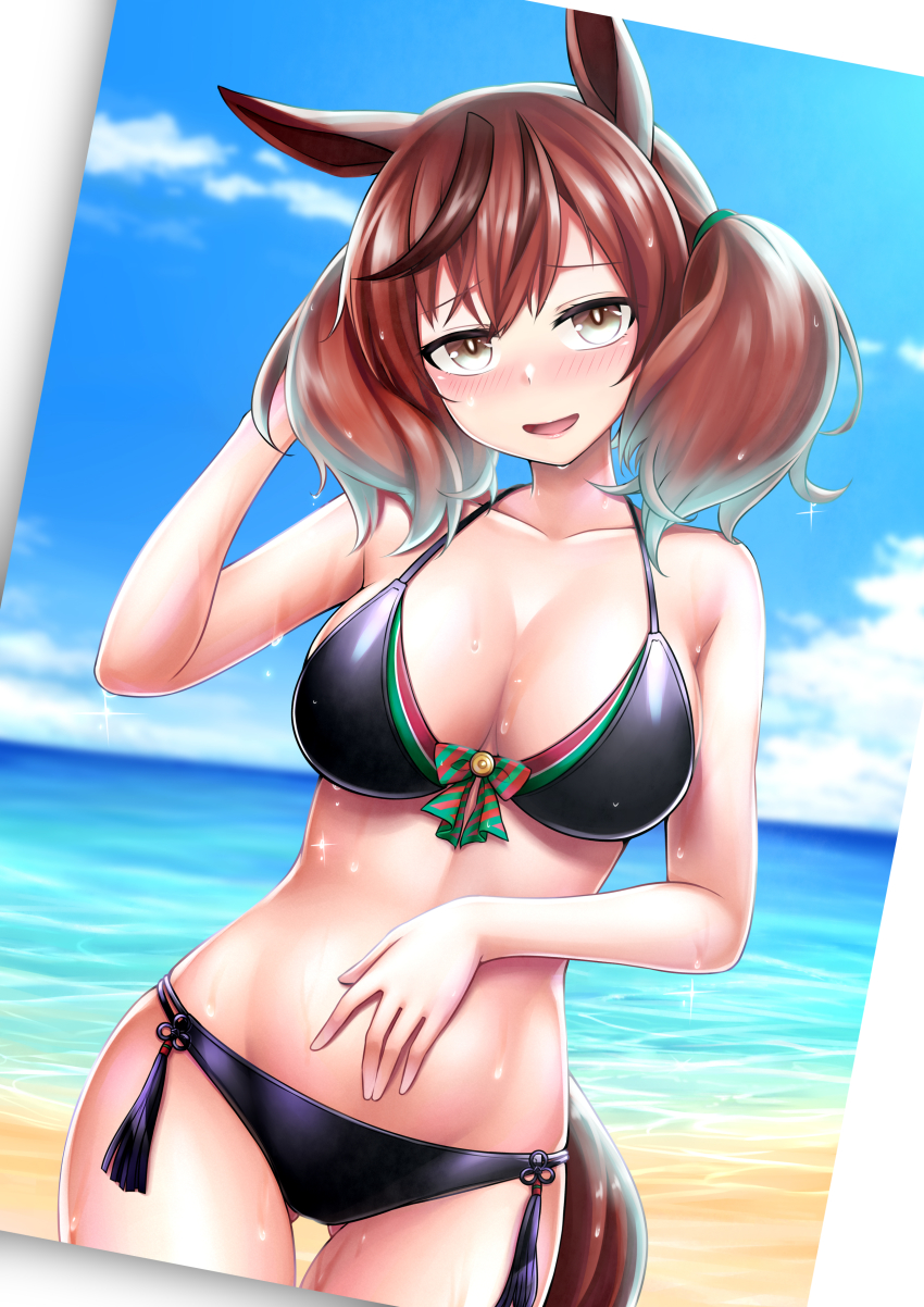 absurdres, beach, bikini, blush, breasts, cleavage, collarbone, commentary_request, covering_navel, hair_between_eyes, highres, horse_girl, horse_tail, large_breasts, layered_bikini, medium_hair, multi-strapped_bikini, natu_sksp, nice_nature_(umamusume), ocean, open_mouth, photo_(medium), red_hair, sky, solo, swimsuit, tail, twintails, umamusume, wet, yellow_eyes