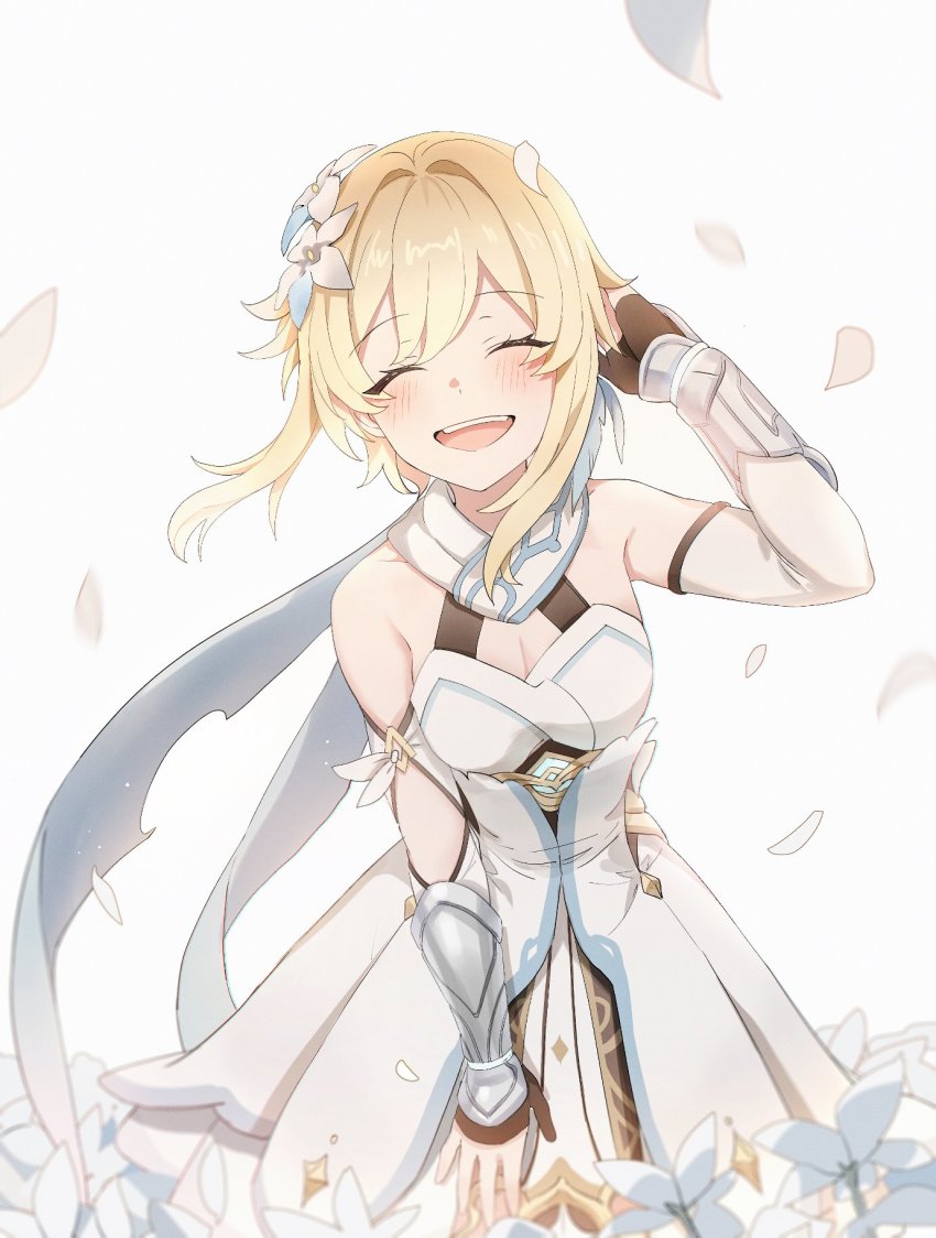 1girl, :d, ^_^, adjusting_hair, arm_guards, bad_id, bad_twitter_id, blonde_hair