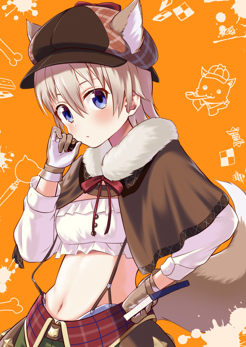1girl, absurdres, animal_ears, black_hat, blue_eyes, book, brown_capelet, brown_gloves