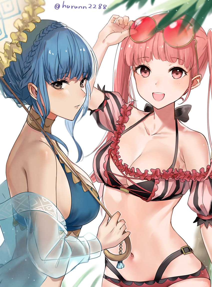 2girls, absurdres, alternate_costume, bare_shoulders, bikini, blue_bikini, blue_hair, braid