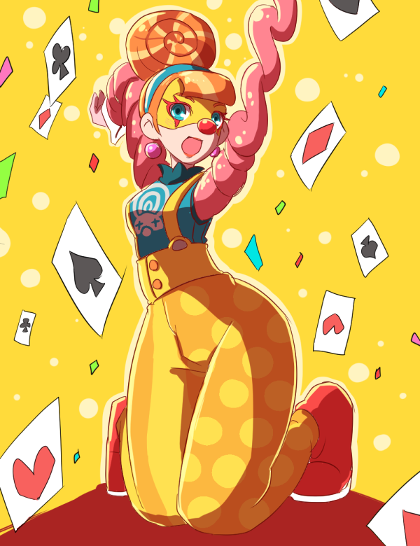 1girl, 2018, arms_(game), arms_up, beehive_hairdo, blue_eyes, card, clown