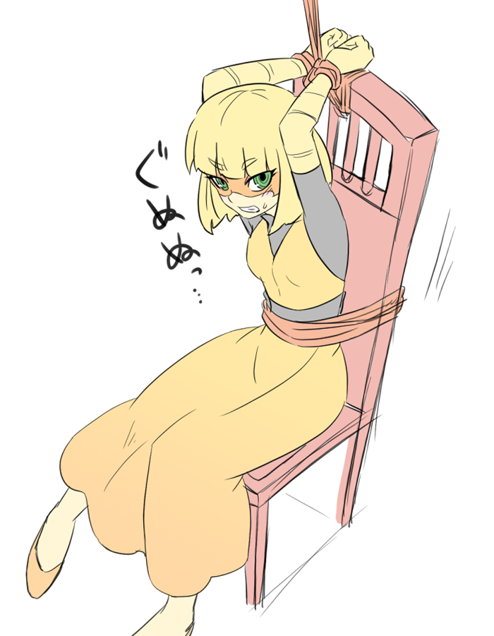 1girl, arms_(game), arms_behind_head, arms_up, blonde_hair, blunt_bangs, bound, bound_wrists