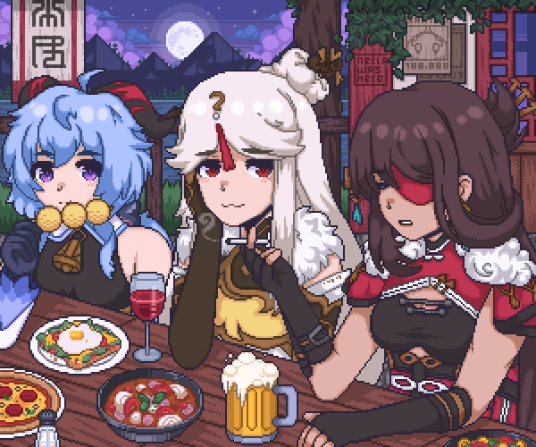 3girls, :3, alcohol, beer, beer_mug, beidou_(genshin_impact), black_gloves, blinking, blue_hair, brown_hair, chewing, cigarette, colored_eyepatch, cup, dango, drinking_glass, eating, elbow_gloves, eyepatch, food, food_in_mouth, fried_radish_balls_(genshin_impact), full_moon, ganyu_(genshin_impact), genshin_impact, gloves, hair_between_eyes, hair_ornament, head_rest, holding, holding_cigarette, holding_food, horns, moon, mug, multiple_girls, nellawashere, night, ningguang_(genshin_impact), pixel_art, plate, purple_eyes, red_eyes, sitting, sky, smoke, smoking, star_(sky), table, wagashi, white_hair, wine, wine_glass