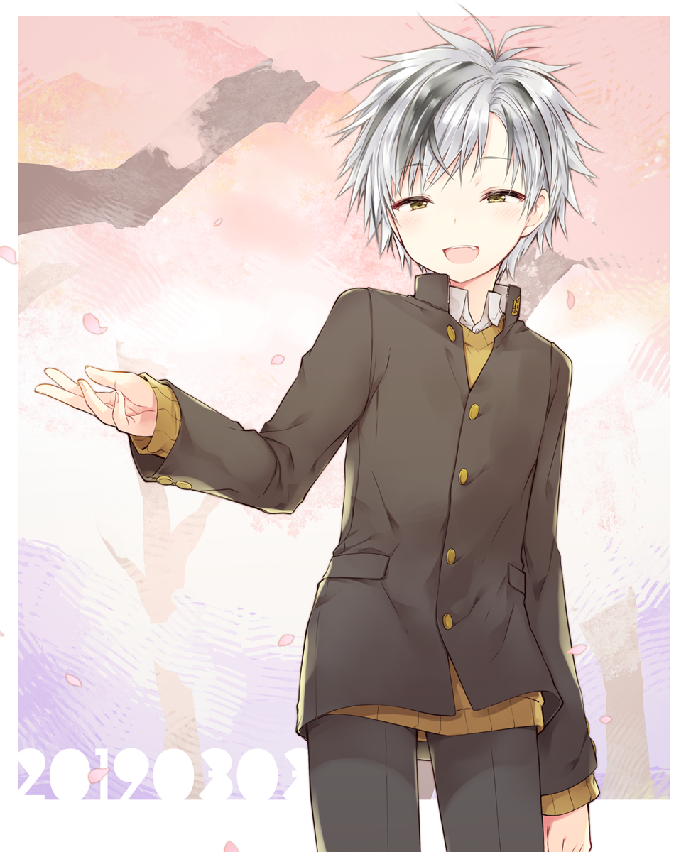 1boy, :d, black_hair, black_jacket, black_pants, blush, brown_eyes, brown_sweater