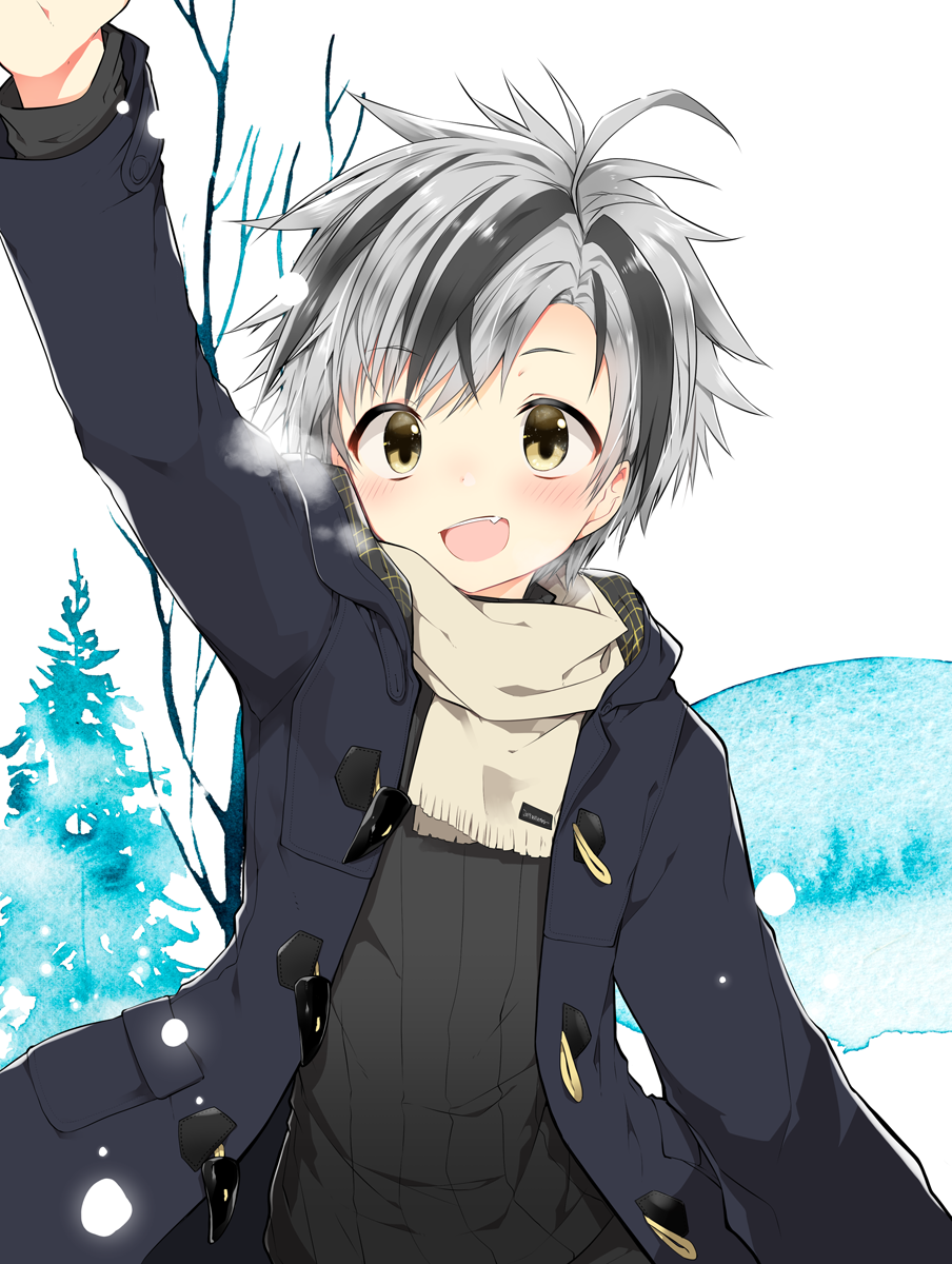 1boy, :d, arm_up, black_coat, black_hair, black_shirt, blush, breath