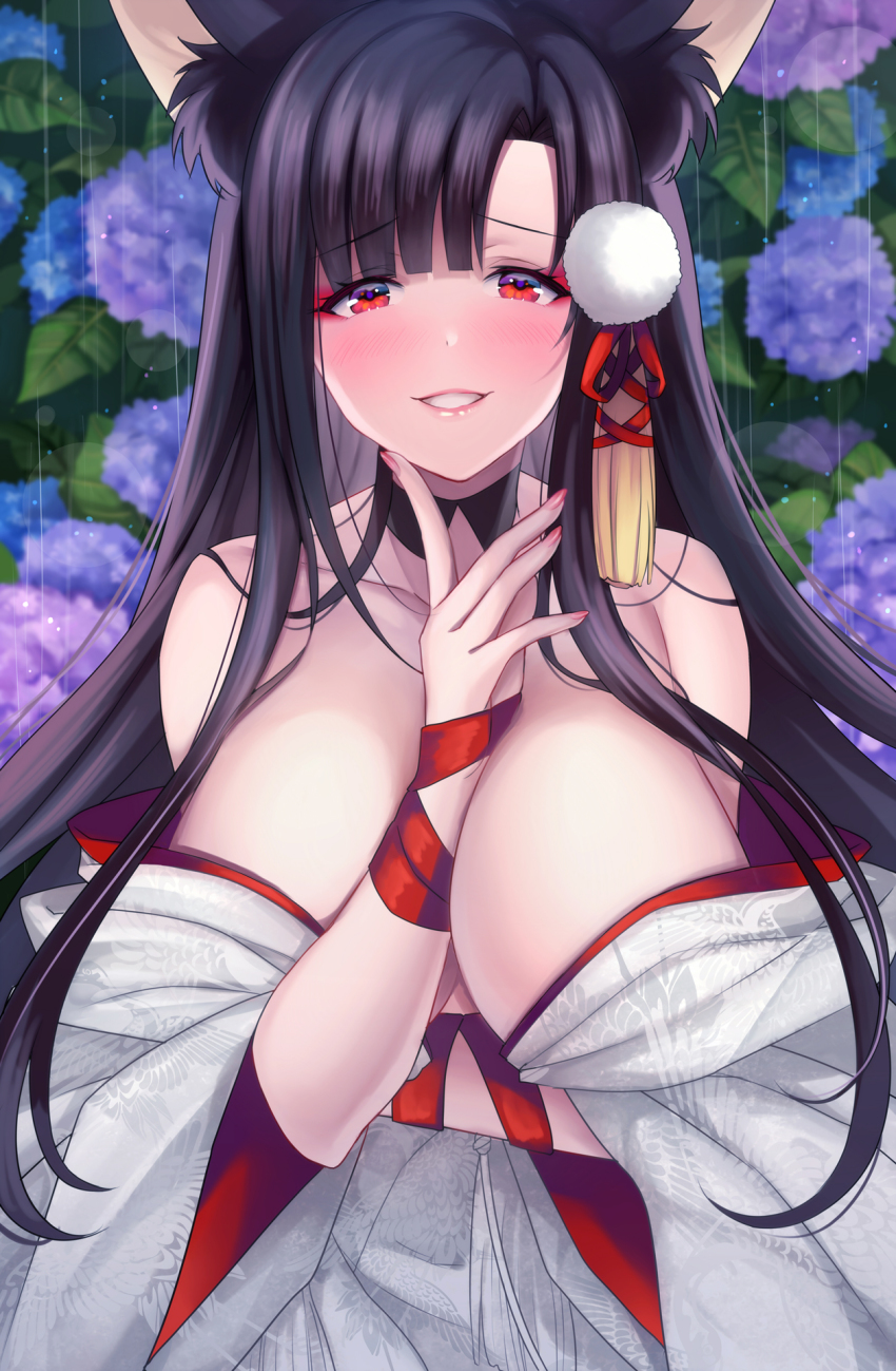1girl, akagi_(azur_lane), akagi_(deep_crimson_poppy)_(azur_lane), animal_ears, arm_under_breasts, armpit_crease, azur_lane, bare_shoulders, blunt_bangs, blush, breasts, brown_hair, cleavage, collarbone, commentary_request, cowboy_shot, eyeliner, eyeshadow, finger_to_own_chin, flower, fox_ears, fox_girl, grin, hair_ornament, highres, hydrangea, japanese_clothes, kimono, large_breasts, long_hair, looking_at_viewer, makeup, nail_polish, off_shoulder, official_alternate_costume, outdoors, parted_bangs, pink_nails, pom_pom_(clothes), rain, red_eyes, red_eyeshadow, ribbon, smile, solo, standing, teeth, uchikake, white_kimono, wide_sleeves, wrist_ribbon, yukinimaru
