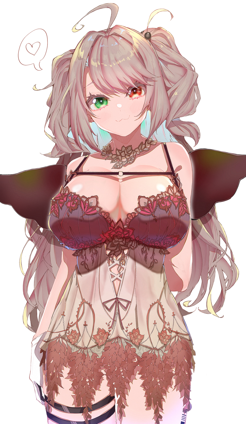 1girl, :3, absurdres, ahoge, arm_behind_back, breasts, cleavage, curly_hair, e_sky_rugo, girls'_frontline, gloves, green_eyes, grey_hair, heart, heterochromia, highres, large_breasts, lingerie, long_hair, looking_at_viewer, negligee, red_eyes, smile, solo, spoken_heart, ssg3000_(girls'_frontline), thigh_gap, thigh_strap, two_side_up, underwear, white_background, white_gloves