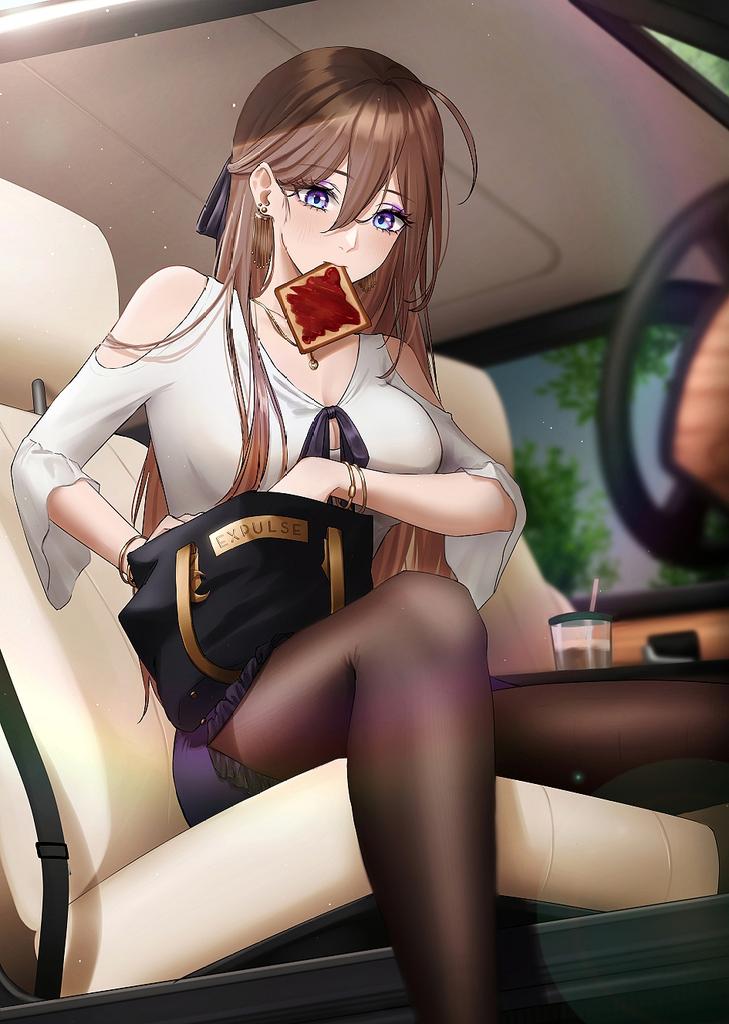 bag, bag_on_lap, bare_shoulders, black_pantyhose, blouse, blue_eyes, blush, bread_slice
