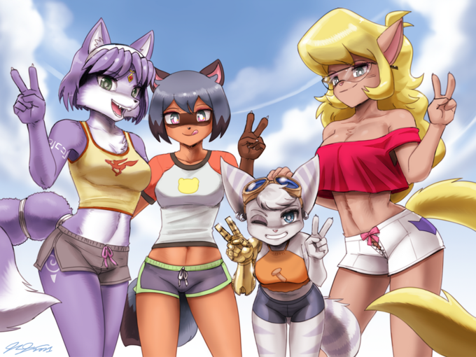 4girls, animal_ears, blonde_hair, brand_new_animal, breasts, callie_briggs, cat_girl, cleavage, crossover, double_v, fox_ears, fox_girl, fox_tail, furry, glasses, goggles, grin, john_joseco, kagemori_michiru, krystal, large_breasts, leaning_forward, medium_breasts, midriff, multiple_girls, nintendo, one_eye_closed, prosthesis, prosthetic_arm, ratchet_&amp;_clank, ratchet_&amp;_clank:_rift_apart, rivet_(ratchet_&amp;_clank), shirt, short_shorts, shorts, smile, star_fox, star_fox_adventures, swat_kats, t-shirt, tail, tattoo, v, wink