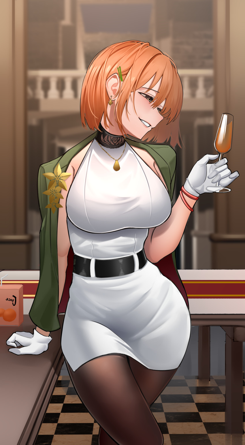 1girl, absurdres, belt, black_belt, black_pantyhose, blurry, blurry_background, breasts, crossed_legs, cup, depth_of_field, dress, drink_carton, drinking_glass, earrings, eimi_(harris_hero), flower_ornament, gloves, gold_earrings, gold_necklace, hair_ornament, hand_on_table, harris_hero, highres, holding, holding_cup, indoors, jacket, jewelry, juice_box, leaning_to_the_side, looking_at_object, necklace, orange_hair, original, pantyhose, short_hair, sleeveless, smile, solo, table, tile_floor, tiles, white_dress, white_gloves