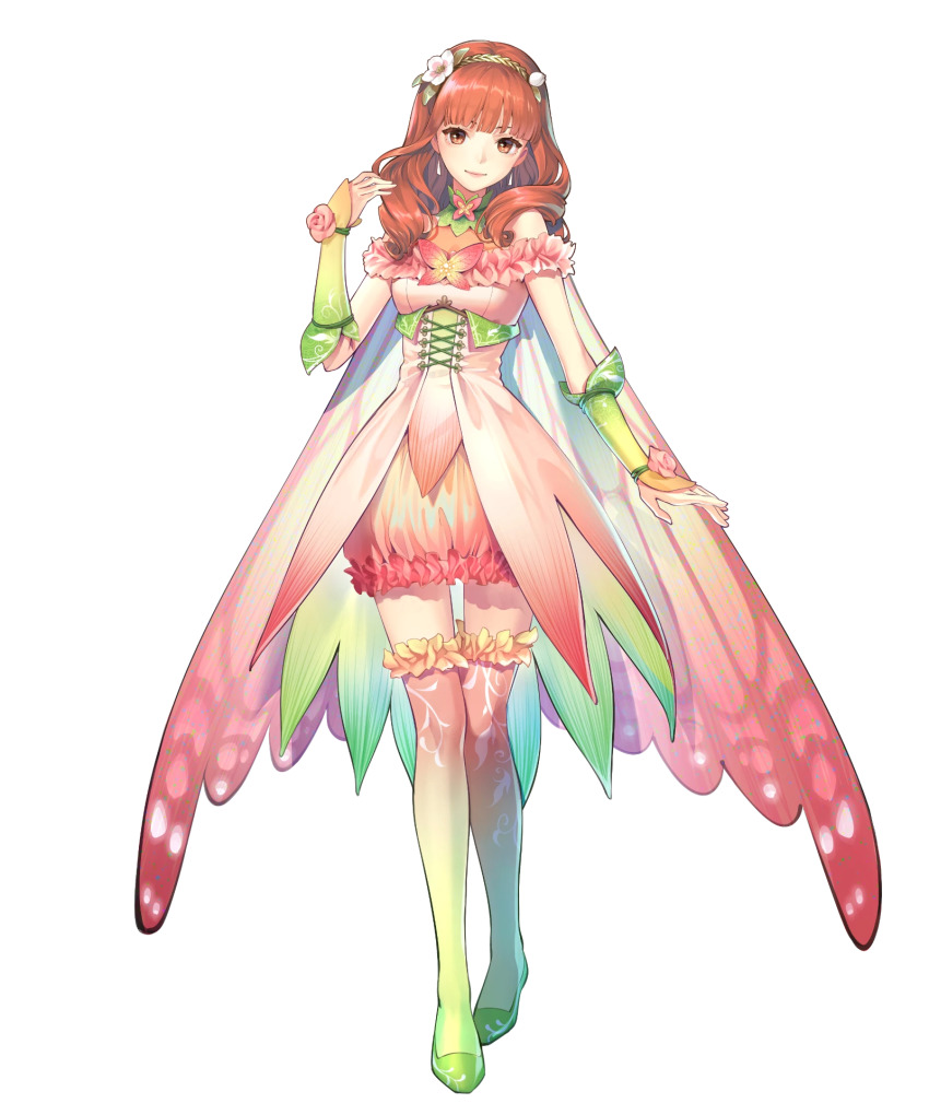 1girl, alternate_costume, bare_shoulders, bridal_gauntlets, cape, celica_(fire_emblem), celica_(resplendent)_(fire_emblem), detached_collar, dress, earrings, female_focus, fire_emblem, fire_emblem_echoes:_shadows_of_valentia, fire_emblem_heroes, flower, frilled_skirt, frills, full_body, gradient_clothes, green_footwear, hair_ornament, hairband, hand_up, highres, jewelry, kaekae, lips, long_hair, looking_at_viewer, matching_hair/eyes, nintendo, official_alternate_costume, official_art, pink_dress, red_eyes, red_hair, shoes, skirt, sleeveless, smile, standing, thighhighs, transparent_background, zettai_ryouiki