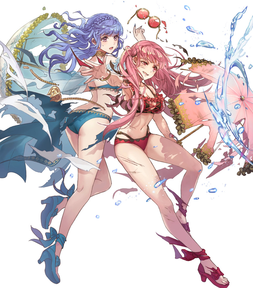 2girls, ass, bare_shoulders, bikini, blue_footwear, blue_hair, blue_nails, blush, braid, breasts, broken_eyewear, brown_eyes, cleavage, crown_braid, feet, female_focus, fingernails, fire_emblem, fire_emblem:_three_houses, fire_emblem_heroes, frills, full_body, halterneck, high_heel_sandals, high_heels, highres, hilda_valentine_goneril, hilda_valentine_goneril_(summer), holding, holding_umbrella, jewelry, large_breasts, long_hair, marianne_von_edmund, marianne_von_edmund_(summer), matching_hair/eyes, midriff, multiple_girls, nail_polish, navel, nijihayashi, nintendo, off-shoulder_bikini, off_shoulder, official_art, open_mouth, pink_eyes, pink_hair, pink_nails, purple_eyes, red_bikini, red_footwear, sandals, sarong, scar, sidelocks, stomach, sunglasses, swimsuit, thighs, toenail_polish, toenails, toes, torn_clothes, torn_umbrella, transparent_background, twintails, umbrella, water, water_drop
