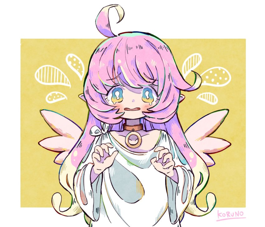 1girl, ahoge, arms_up, artist_name, bad_id, bad_pixiv_id, choker, collarbone, cupid, hair_intakes, highres, koru_koruno, long_hair, outside_border, pink_hair, pink_wings, princess_connect!, raphy_(princess_connect!), robe, simple_background, solo, sweatdrop, tearing_up, upper_body, white_robe, wide_sleeves, wings, yellow_background