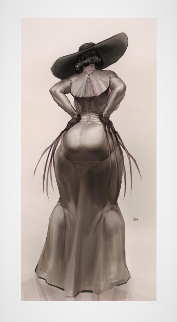 1girl, alcina_dimitrescu, artist_name, ass, black_gloves, black_hair, breasts, claws, curvy, dress, from_behind, gloves, hands_on_own_hips, huge_ass, irn, jewelry, large_breasts, large_hat, legs, long_legs, necklace, pantylines, pearl_necklace, resident_evil, resident_evil_village, short_hair, signature, solo, thick_thighs, thighs, white_dress