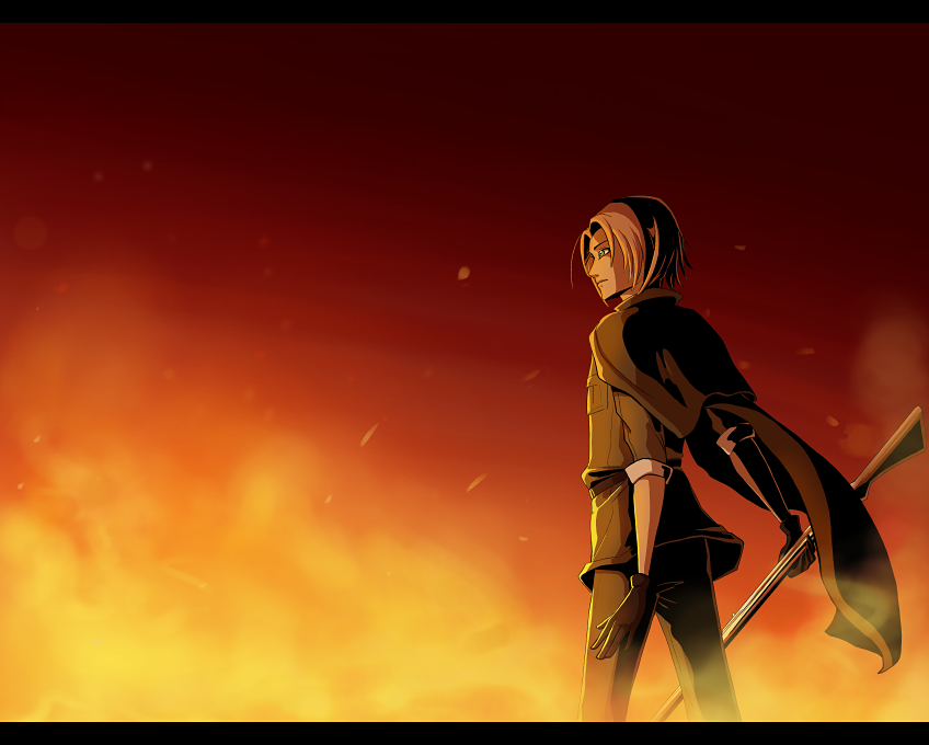 00s, 1boy, axis_powers_hetalia, blonde_hair, cape, capelet, fire, gloves, green_eyes, gun, letterboxed, male_focus, military, military_uniform, outdoors, poland_(hetalia), scrii, sky, solo, standing, weapon