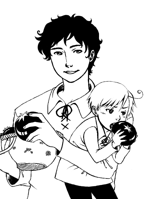 00s, 2boys, aged_down, ahoge, axis_powers_hetalia, basket, carrying, child, curly_hair, eating, food, greyscale, male_focus, monochrome, multiple_boys, oekaki, simple_background, southern_italy_(hetalia), spain_(hetalia), tomato, upper_body, white_background, zulenha