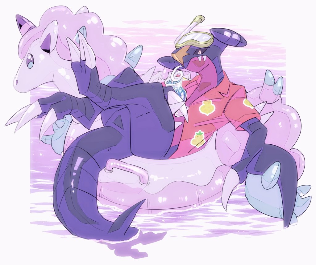 45_(maruyaki45), afloat, black_sclera, claws, closed_mouth, clothed_pokemon, colored_sclera, commentary_request, cup, drinking_straw, fangs, fangs_out, galarian_form, galarian_ponyta, garchomp, garchomp_(beach), gen_4_pokemon, gen_8_pokemon, glass, goggles, goggles_on_head, holding, holding_cup, innertube, liquid, lying, nintendo, no_humans, on_back, open_clothes, open_shirt, orange_shirt, outdoors, pokemon, pokemon_(creature), pokemon_unite, shirt, short_sleeves, snorkel, solo, swim_ring, themed_object, water, yellow_eyes