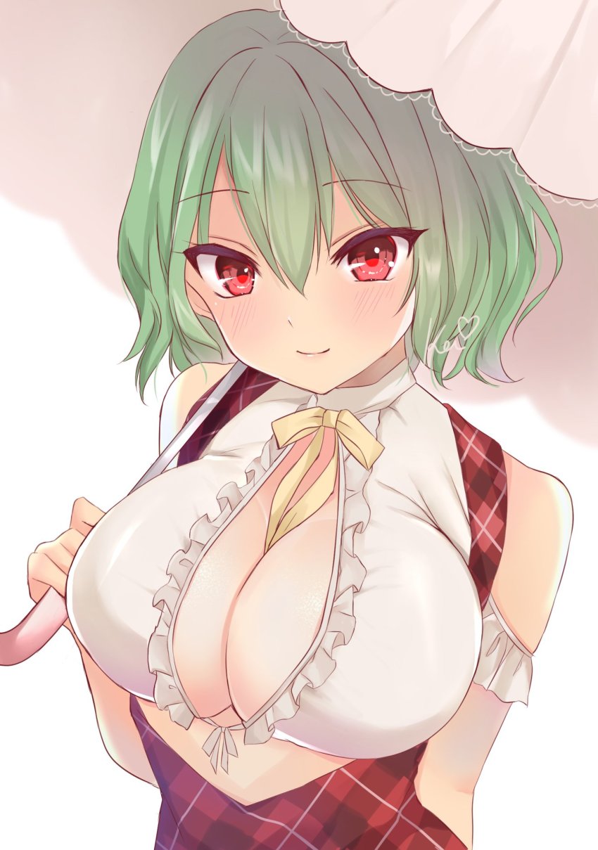 1girl, bare_shoulders, blush, breasts, cismlyri, cleavage, green_hair, highres