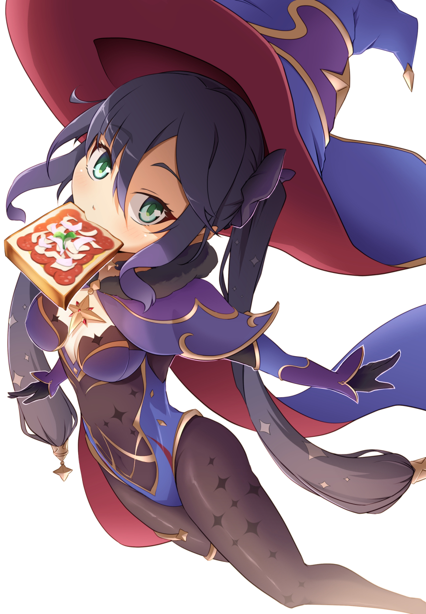 1girl, bread_slice, fisherman's_toast_(genshin_impact), food, food_in_mouth, genshin_impact, highres, lolitan, mona_(genshin_impact), mouth_hold, pantyhose, solo, toast, toast_in_mouth