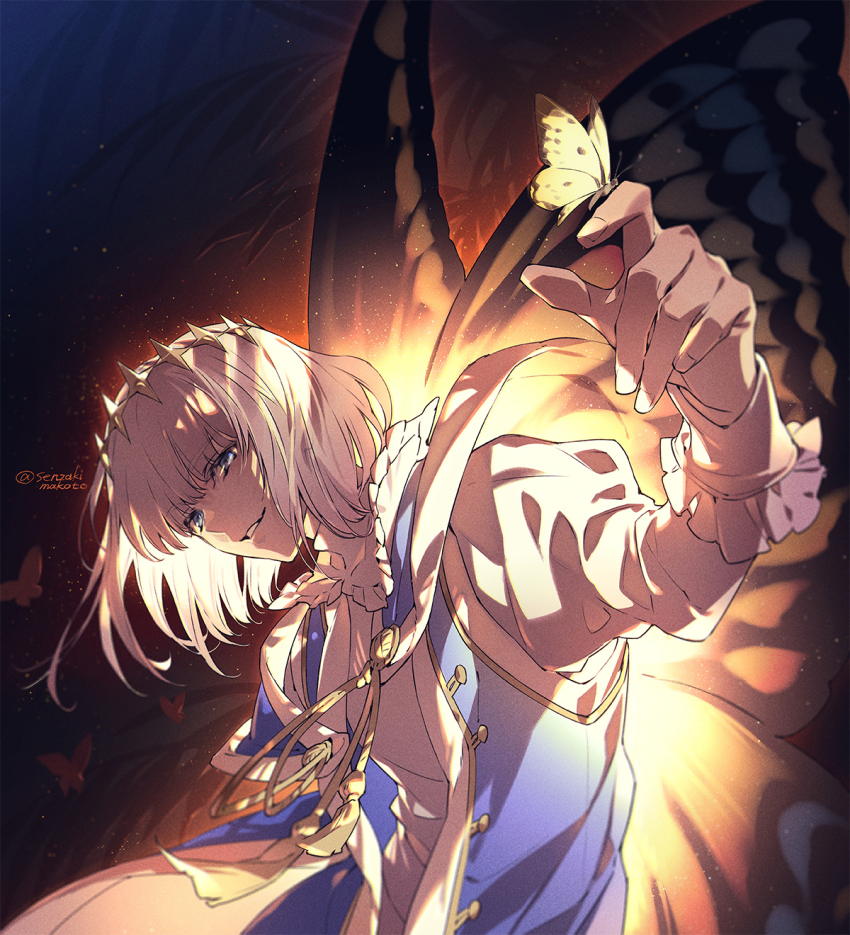1boy, blue_eyes, bug, butterfly, butterfly_on_hand, butterfly_wings, fate/grand_order, fate_(series), highres, insect, insect_on_finger, insect_wings, male_focus, oberon_(fate), oberon_(first_ascension)_(fate), senzaki_makoto, silver_hair, solo, twitter_username, wings