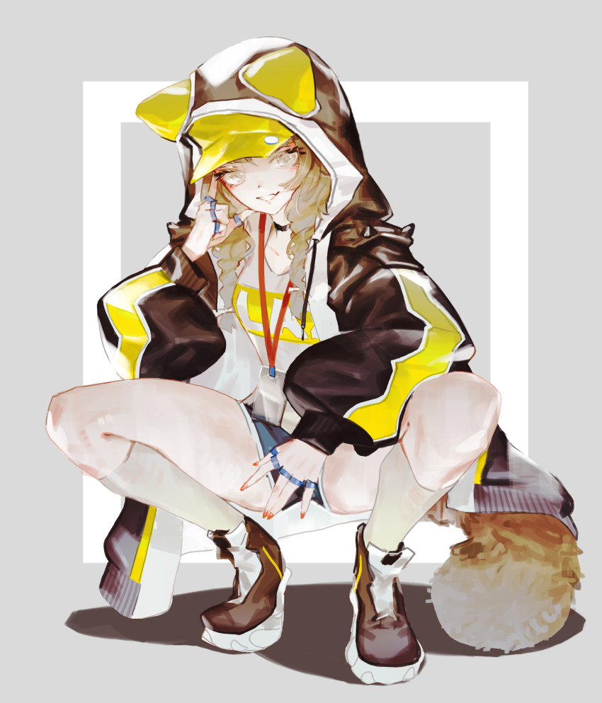 1girl, alternate_costume, anya_pandaria, atelier_live, black_choker, black_footwear, blue_shorts, breasts