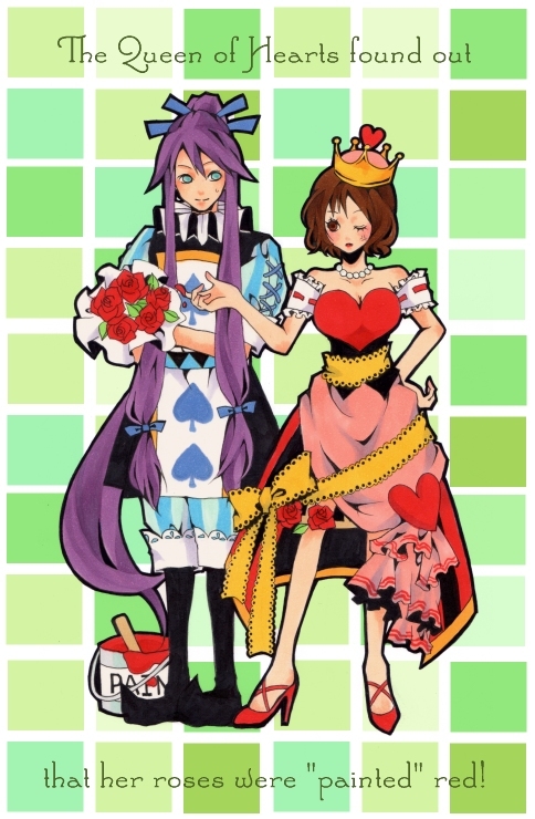 1boy, 1girl, alice's_adventures_in_wonderland, bad_id, bad_pixiv_id, blush, bow, brown_hair, cosplay, couple, crown, dress, flower, hetero, high_heels, kamui_gakupo, long_hair, meiko_(vocaloid), one_eye_closed, ponytail, purple_hair, queen_of_hearts_(alice_in_wonderland), queen_of_hearts_(cosplay), shoes, short_hair, tomoshibi_rei, very_long_hair, vocaloid, wink
