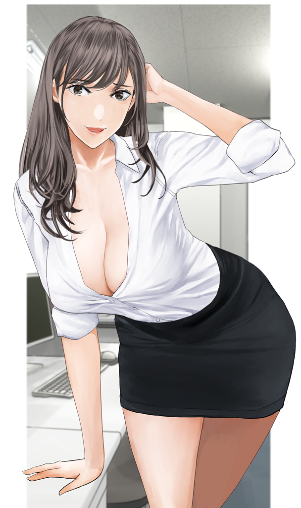1girl, arm_support, bad_id, bad_pixiv_id, black_eyes, black_hair, black_skirt, breasts, ceiling, ceiling_light, chair, cleavage, collarbone, collared_shirt, desk, hand_in_own_hair, indoors, computer_keyboard, long_hair, looking_at_viewer, medium_breasts, miniskirt, monitor, mouse_(animal), office, office_chair, office_lady, original, shida_(ddfd), shirt, shirt_tucked_in, skirt, sleeves_rolled_up, smile, solo, swivel_chair