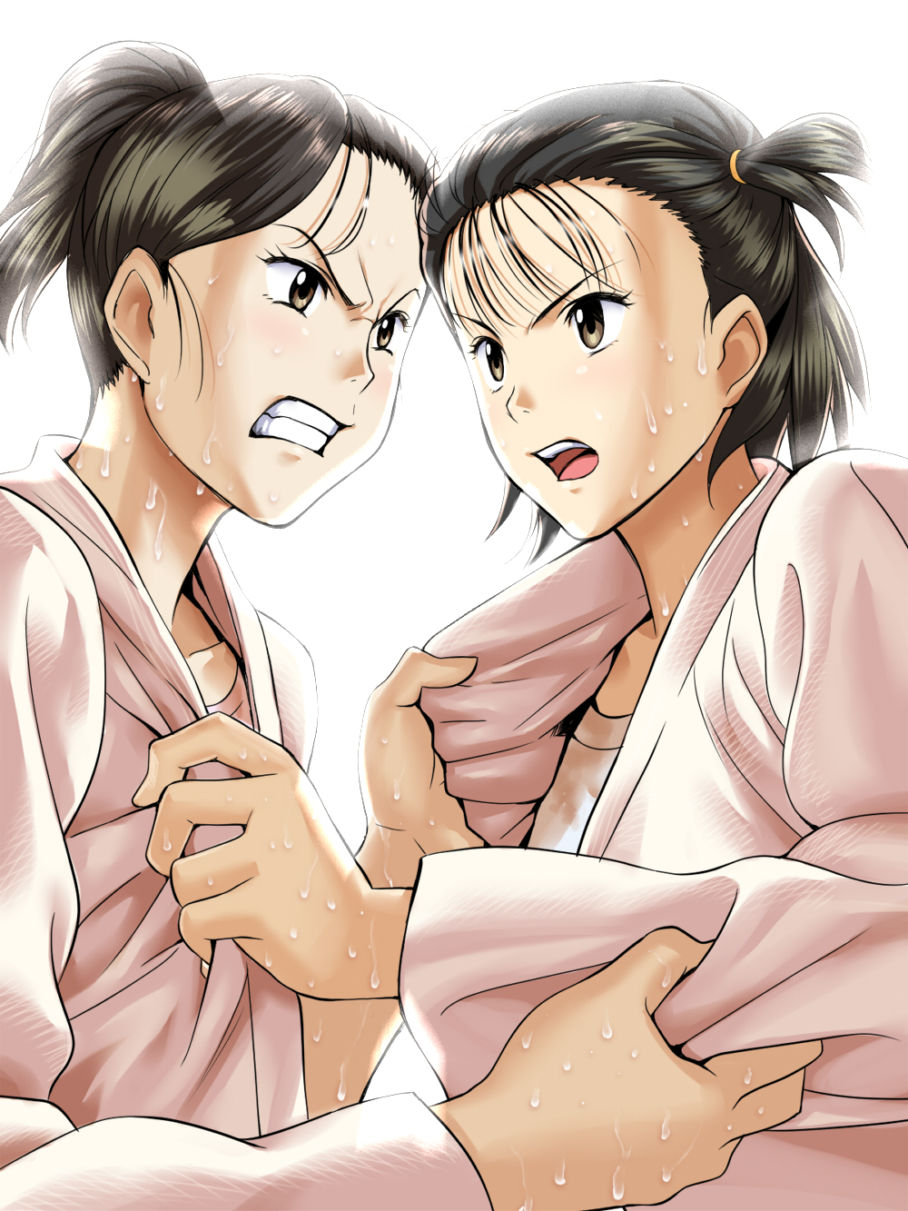 2girls, angry, asymmetrical_hair, backlighting, black_hair, brown_eyes, clenched_teeth, clothes_grab, dougi, fighting, forehead, g-tetsu, hair_strand, highres, honami_sayaka, inokuma_yawara, judo, long_sleeves, multiple_girls, nervous_sweating, ponytail, shirt_tug, short_hair, side_ponytail, grabbing_another's_sleeve, sportswear, sweat, teeth, very_sweaty, white_background, yawara_a_fashionable_judo_girl