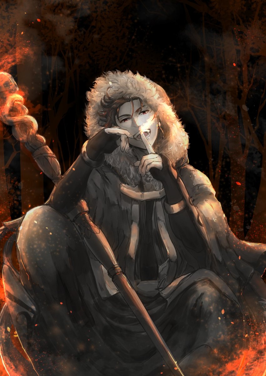 1boy, armor, betushio, bracelet, cape, cu_chulainn_(caster)_(fate), cu_chulainn_(fate), earrings, embers, fate/grand_order, fate_(series), finger_to_mouth, fire, forest, fur-trimmed_hood, fur_trim, greaves, grin, head_rest, highres, hood, hood_up, hooded_cape, jewelry, long_hair, looking_at_viewer, male_focus, nature, open_mouth, outdoors, red_eyes, sitting, smile, solo, staff, vambraces