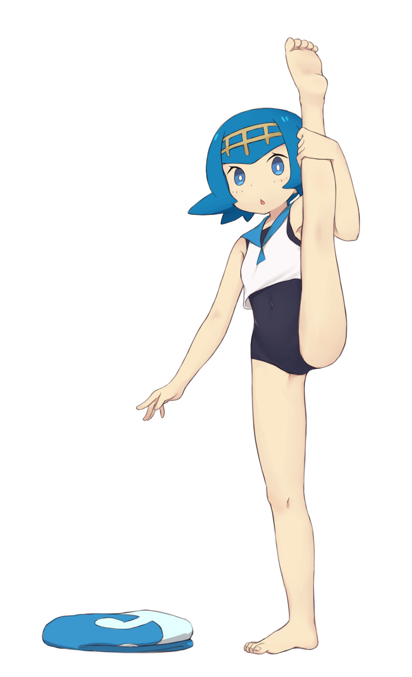 1girl, absurdres, bare_arms, barefoot, black_one-piece_swimsuit, blue_eyes, blue_hair, blue_pants