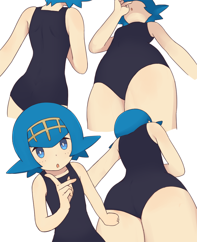 1girl, :o, bare_arms, black_one-piece_swimsuit, blue_eyes, blue_hair, breasts, bright_pupils, clenched_hand, collarbone, commentary, freckles, hairband, hand_up, index_finger_raised, lana_(pokemon), looking_at_viewer, multiple_views, nintendo, no_sclera, one-piece_swimsuit, pokemon, pokemon_sun_and_moon, short_hair, shoulder_blades, simple_background, squid_neetommy, swimsuit, trial_captain, white_background, white_pupils, yellow_hairband