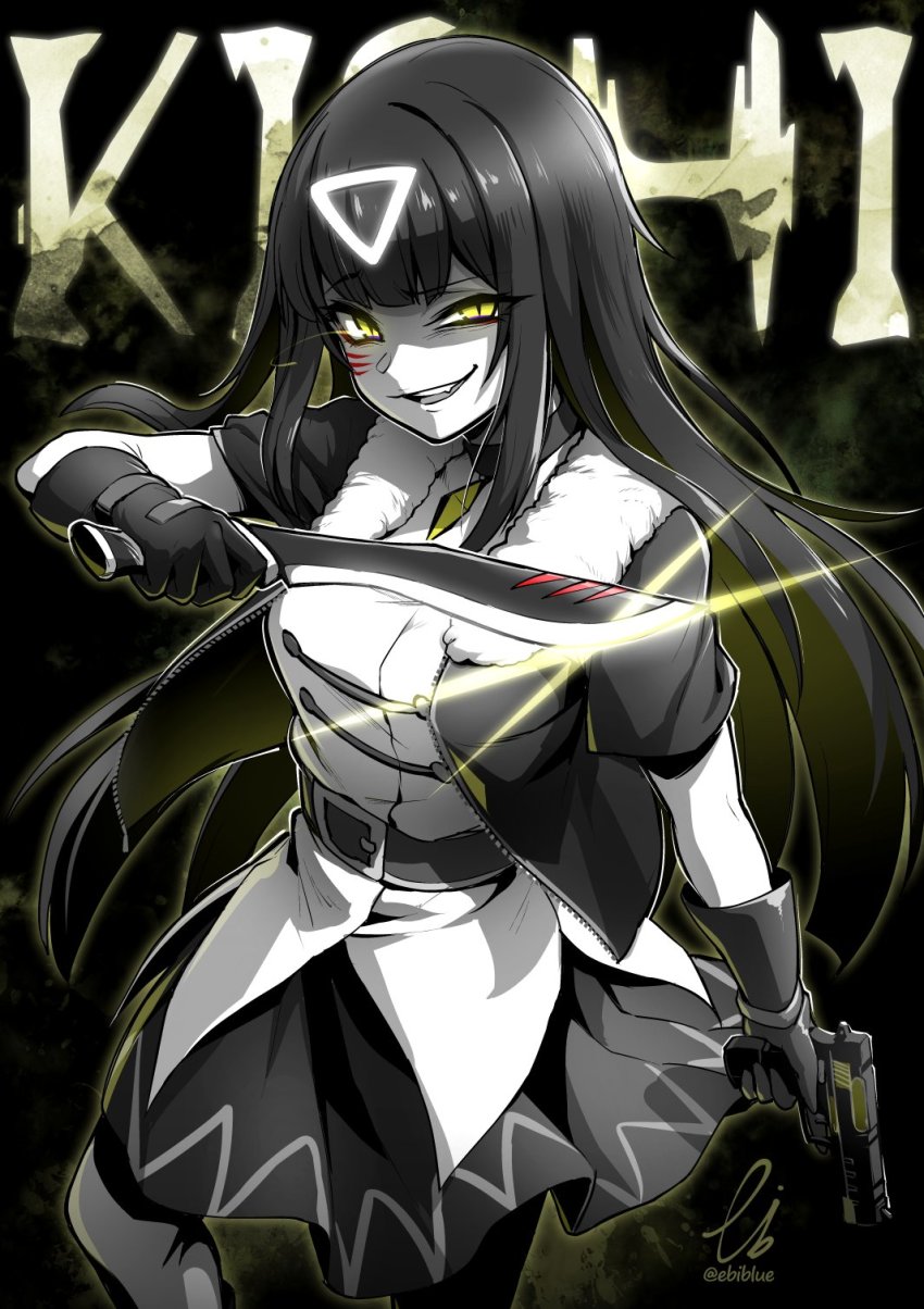 1girl, belt, black_gloves, black_hair, collar, ebiblue, fang, fur_collar, gesugao, girls'_frontline, gloves, gun, highres, jacket, kishi_(nyto_dork), knife, long_hair, looking_at_viewer, nyto_(generic)_(girls'_frontline), nyto_(girls'_frontline), open_clothes, open_jacket, original, pantyhose, skirt, solo, triangle, weapon