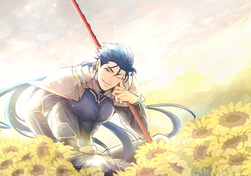 1boy, armor, beads, betushio, blue_bodysuit, blue_hair, bodysuit, cu_chulainn_(fate), cu_chulainn_(fate/stay_night), cu_chulainn_(lancer)_(fate), earrings, fate/stay_night, fate_(series), field, floating_hair, flower, flower_field, gae_bolg_(fate), grin, hair_beads, hair_ornament, head_rest, highres, holding, holding_polearm, holding_weapon, jewelry, long_hair, looking_at_viewer, male_focus, muscular, muscular_male, one_eye_closed, open_mouth, outdoors, pauldrons, pectorals, polearm, ponytail, red_eyes, shoulder_armor, sitting, skin_tight, sky, slit_pupils, smile, solo, spiked_hair, sunflower, sunflower_field, weapon