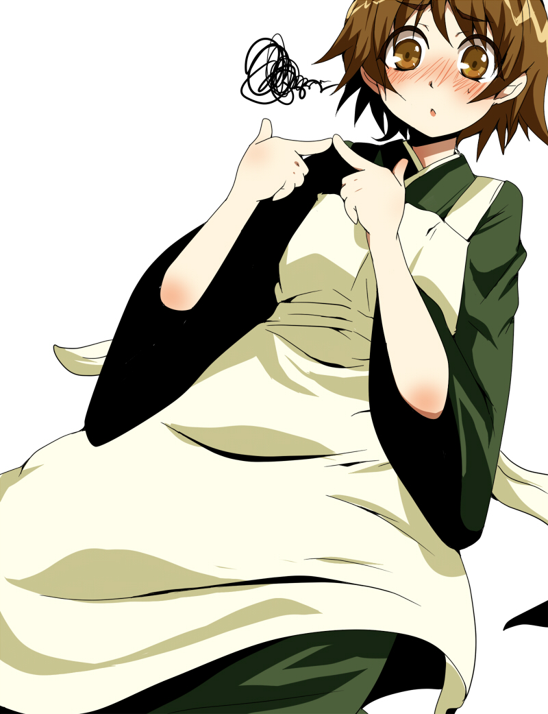 00s, 1girl, apron, bad_id, bad_pixiv_id, blush, brown_hair, female_focus