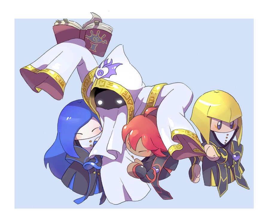 1boy, 2018, 3girls, arms_up, blonde_hair, blue_background, blue_hair, blunt_bangs