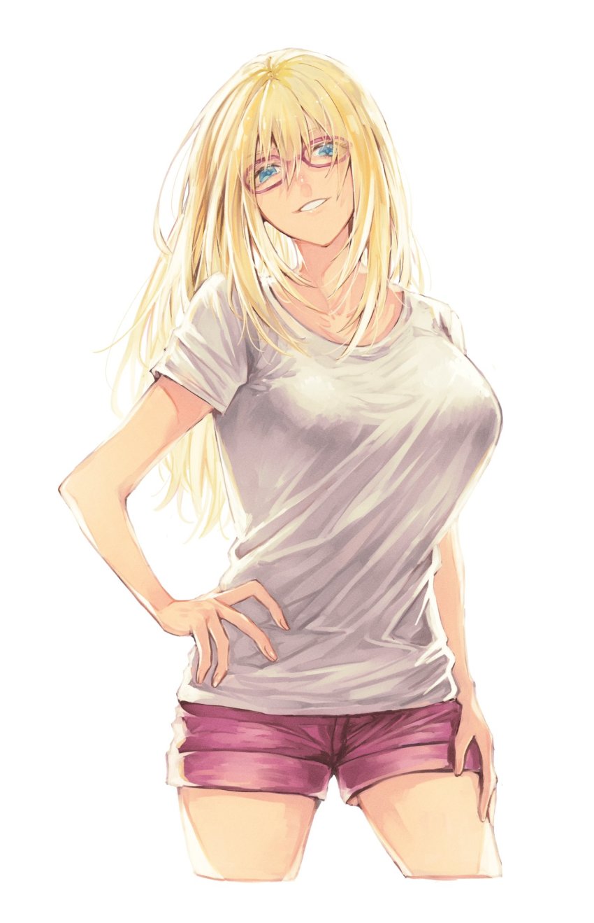 1girl, alexandra_garcia, blonde_hair, blue_eyes, breasts, collarbone, cropped_legs, glasses