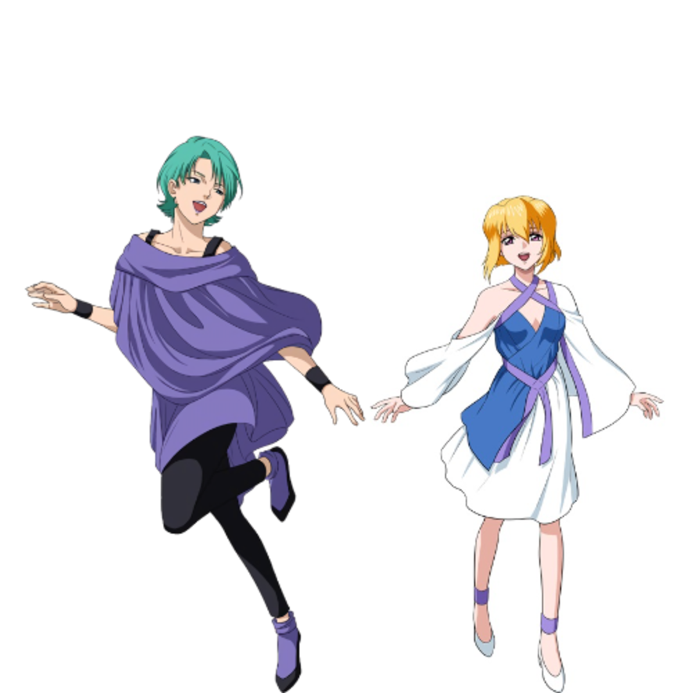 00s, 2girls, 80s, afterlife, age_difference, blonde_hair, breasts, four_murasame, green_hair, gundam, gundam_seed, gundam_seed_destiny, happy, heaven, height_difference, large_breasts, lips, lipstick, looking_at_another, looking_back, makeup, medium_breasts, multiple_girls, official_art, oldschool, playing, purple_eyes, purple_lips, retro_artstyle, running, short_hair, smile, stellar_loussier, white_background, zeta_gundam