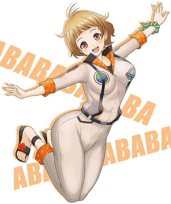 1girl, ahoge, artist_request, ass, breasts, brown_eyes, brown_hair, feet, hoshihara_souka, jumpsuit, sakura_kakumei, sakura_taisen, sandals, sega, short_hair, toes