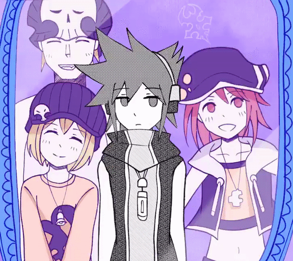 2boys, 2girls, animated, animated_gif, beanie, bell, bito_daisukenojo, bito_raimu, blonde_hair, newsboy_cap, empty_eyes, eyebrows, closed_eyes, glitch, hat, headphones, high_collar, jewelry, medium_hair, mirror, misaki_shiki, mp3_player, multiple_boys, multiple_girls, necklace, omori, parody, red_hair, red_shirt, sakuraba_neku, shirt, skull_pin, skull_print, sleeveless, sleeveless_shirt, spiked_hair, static, style_parody, subarashiki_kono_sekai