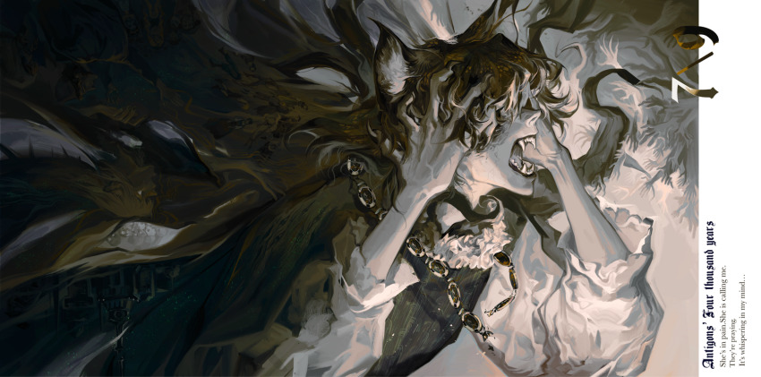 1boy, angel, animal_ears, antigonus_(lord_of_the_mysteries), commentary_request, english_text, fangs, hidden_eyes