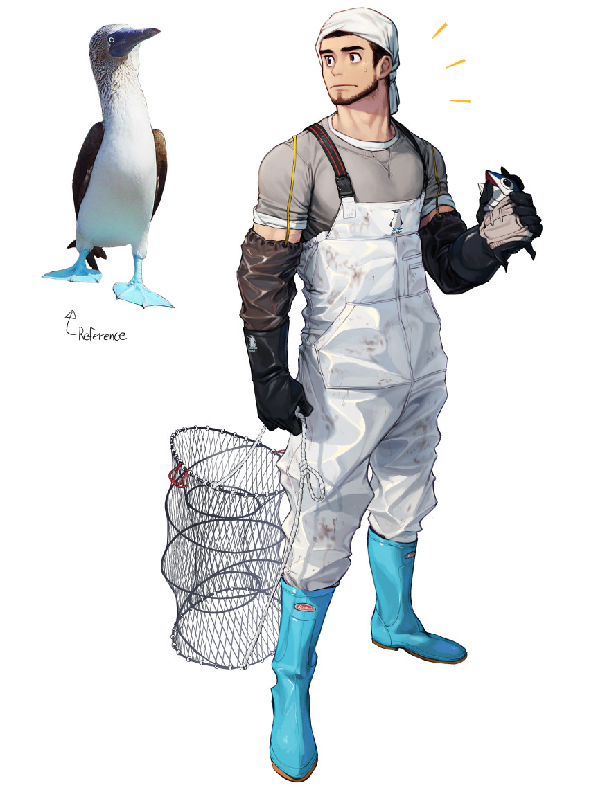 1boy, absurdres, aqua_boots, beard, bird, black_gloves, blue-footed_booby, blue_boots